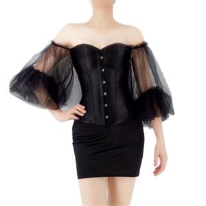 Gothic Black Off-shoulder Long Sleeves Overbust Corset with Elastic Tight Mini Skirt Set N22241