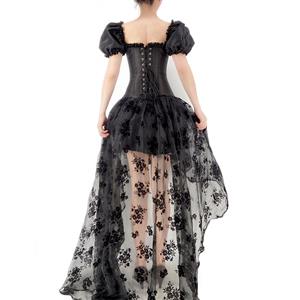 Gothic Black 12 Plastic Boned Puff Sleeves Overbust Corset with Organza High Low Skirt Set N22235