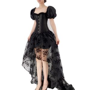 Gothic Black 12 Plastic Boned Puff Sleeves Overbust Corset with Organza High Low Skirt Set N22235