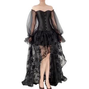 Gothic Plastic Boned Off-shoulder Long Sleeves Overbust Corset with Organza High Low Skirt N22237