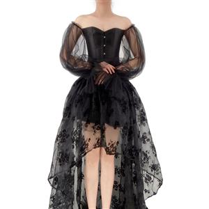 Gothic Plastic Boned Off-shoulder Long Sleeves Overbust Corset with Organza High Low Skirt N22237