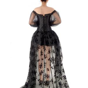 Gothic Plastic Boned Off-shoulder Long Sleeves Overbust Corset with Organza High Low Skirt N22239