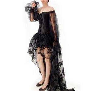 Gothic Plastic Boned Off-shoulder Long Sleeves Overbust Corset with Organza High Low Skirt N22239