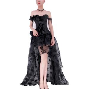 Gothic Plastic Boned Off-shoulder Strapless Overbust Corset with Organza High Low Skirt N22352