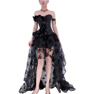 Gothic Plastic Boned Off-shoulder Strapless Overbust Corset with Organza High Low Skirt N22352