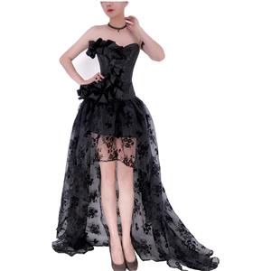 Gothic Plastic Boned Off-shoulder Strapless Overbust Corset with Organza High Low Skirt N22352