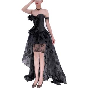 Gothic Plastic Boned Off-shoulder Strapless Overbust Corset with Organza High Low Skirt N22352