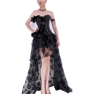 Gothic Plastic Boned Off-shoulder Strapless Overbust Corset with Organza High Low Skirt N22352