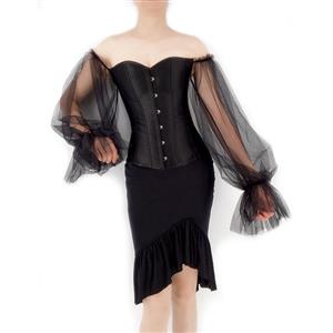 Gothic Black Off-shoulder Long Sleeves Overbust Corset with Ruffle High Low Fishtail Skirt N22238