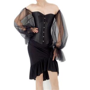 Gothic Black Off-shoulder Long Sleeves Overbust Corset with Ruffle High Low Fishtail Skirt N22238