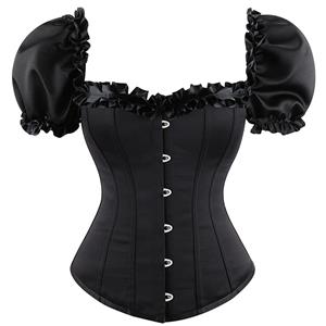 Gothic Black 12 Plastic Boned Ruffles Puff Sleeves Sexy Body Shaper Overbust Corset N21767