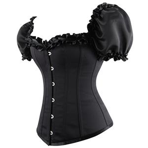 Gothic Black 12 Plastic Boned Ruffles Puff Sleeves Sexy Body Shaper Overbust Corset N21767