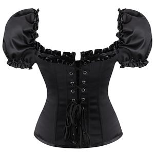 Gothic Black 12 Plastic Boned Ruffles Puff Sleeves Sexy Body Shaper Overbust Corset N21767