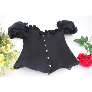 Gothic Black 12 Plastic Boned Ruffles Puff Sleeves Sexy Body Shaper Overbust Corset N21767