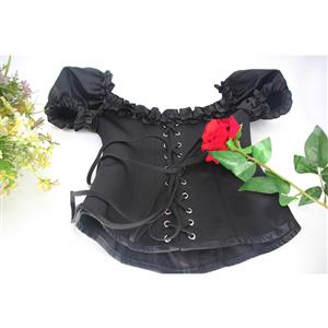 Gothic Black 12 Plastic Boned Ruffles Puff Sleeves Sexy Body Shaper Overbust Corset N21767