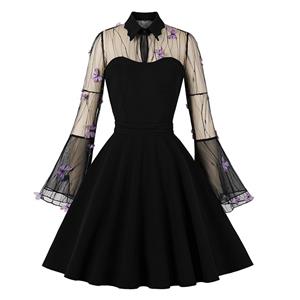 Retro Black Lapel See-through Mesh Purple Butterfly Flare Sleeve Stitching A-line Dress N22463