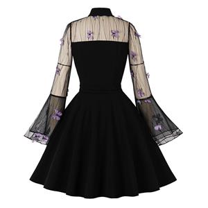 Retro Black Lapel See-through Mesh Purple Butterfly Flare Sleeve Stitching A-line Dress N22463