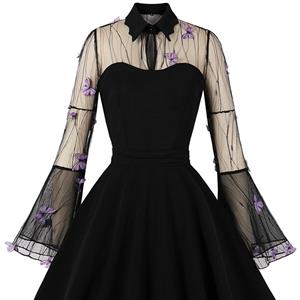 Retro Black Lapel See-through Mesh Purple Butterfly Flare Sleeve Stitching A-line Dress N22463