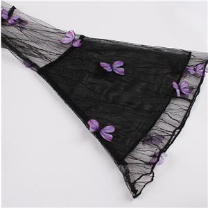 Retro Black Lapel See-through Mesh Purple Butterfly Flare Sleeve Stitching A-line Dress N22463