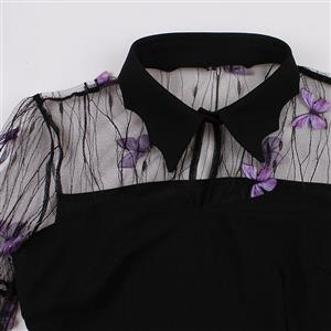 Retro Black Lapel See-through Mesh Purple Butterfly Flare Sleeve Stitching A-line Dress N22463