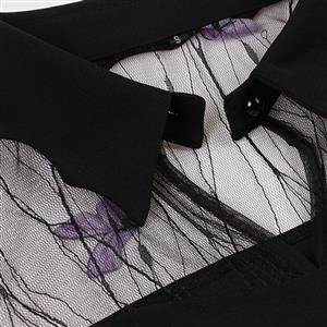 Retro Black Lapel See-through Mesh Purple Butterfly Flare Sleeve Stitching A-line Dress N22463