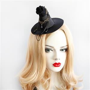 Gothic Black Rose Lace Bronzed Embellishment Halloween Witch Hat Hairclip J18804