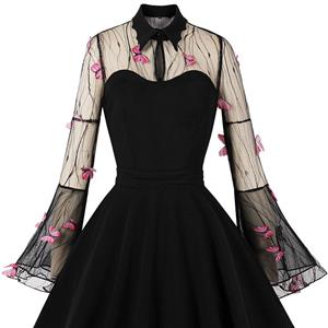 Retro Black Lapel See-through Mesh Rose Red Butterfly Flare Sleeve Stitching A-line Dress N22464