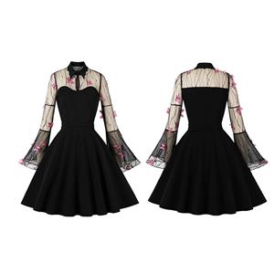 Retro Black Lapel See-through Mesh Rose Red Butterfly Flare Sleeve Stitching A-line Dress N22464