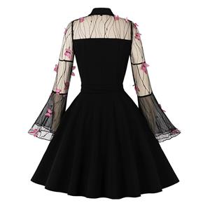 Retro Black Lapel See-through Mesh Rose Red Butterfly Flare Sleeve Stitching A-line Dress N22464