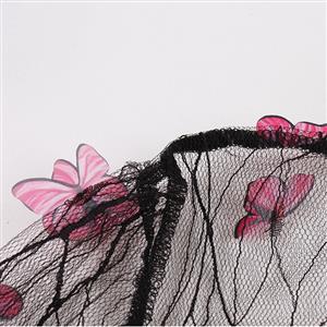 Retro Black Lapel See-through Mesh Rose Red Butterfly Flare Sleeve Stitching A-line Dress N22464