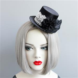 Gothic Hairclip, Cosplay Costume, Cosplay Accessory, Gothic Top Hat, Black Rose Hat, Retro White Lace Black Rose Top Hat Hairclip, #J18811