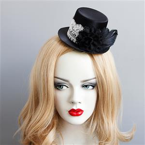 Gothic White Lace Black RoseTop Hat Halloween Accessory Hairclip J18811