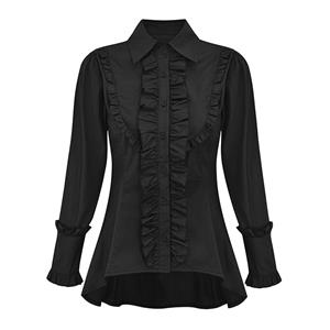 Victorian Gothic Black Ruffle Lapel Button Shirt Vintage Bishop Long Sleeve Lolita Blouse Top N21548