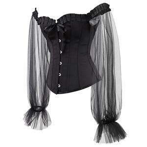 Gothic Plastic Boned Ruffled Off-shoulder See-through Sleeves Body Shaper Overbust Corset N21769