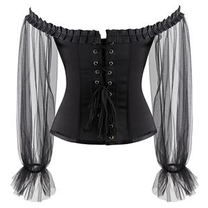 Gothic Plastic Boned Ruffled Off-shoulder See-through Sleeves Body Shaper Overbust Corset N21769