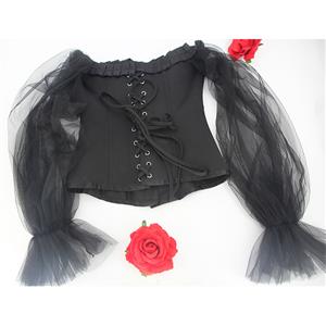 Gothic Plastic Boned Ruffled Off-shoulder See-through Sleeves Body Shaper Overbust Corset N21769