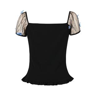 Gothic Black Sweetheart Neckline Lacing See-through Butterfly Short Sleeves Shirt Fitting Top N21512