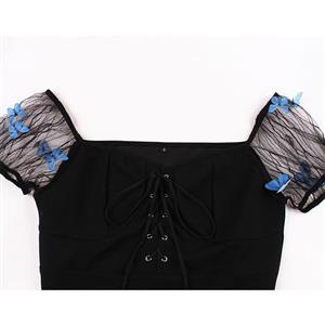 Gothic Black Sweetheart Neckline Lacing See-through Butterfly Short Sleeves Shirt Fitting Top N21512