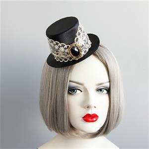 Gothic Hairclip, Cosplay Costume, Cosplay Accessory, Gothic Top Hat, Black Gem Hat, Retro White Lace Top Hat Hairclip, #J18810