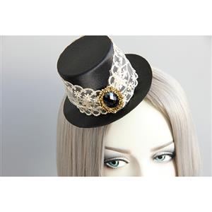Gothic White Lace Black Gem Top Hat Halloween Accessory Hairclip J18810