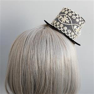 Gothic White Lace Black Gem Top Hat Halloween Accessory Hairclip J18810