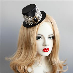 Gothic White Lace Black Gem Top Hat Halloween Accessory Hairclip J18810