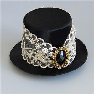 Gothic White Lace Black Gem Top Hat Halloween Accessory Hairclip J18810