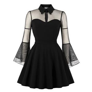 Plus Size Gothic Black See-through Flare Sleeve Halloween Vampire Dress N19420