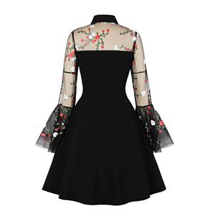 Retro Black Lapel See-through Mesh Floral Embroidered Flare Sleeve Stitching A-line Dress N21331
