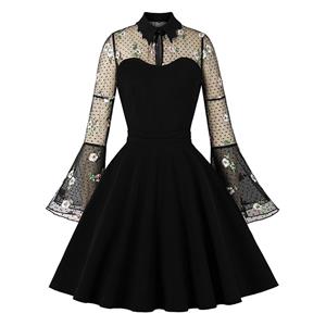 Retro Black Lapel See-through Mesh Floral Embroidered Flare Sleeve Stitching A-line Dress N22457