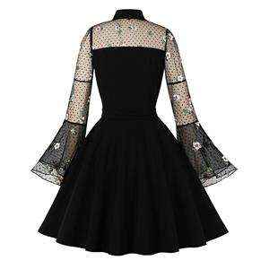 Retro Black Lapel See-through Mesh Floral Embroidered Flare Sleeve Stitching A-line Dress N22457