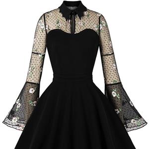 Retro Black Lapel See-through Mesh Floral Embroidered Flare Sleeve Stitching A-line Dress N22457