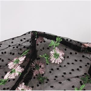 Retro Black Lapel See-through Mesh Floral Embroidered Flare Sleeve Stitching A-line Dress N22457