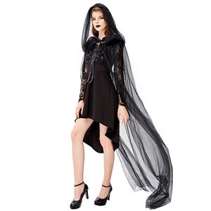 Gothic Black Vampire High-low Dress and Mesh Long Cloak Adult Ghost Halloween Costume N19445